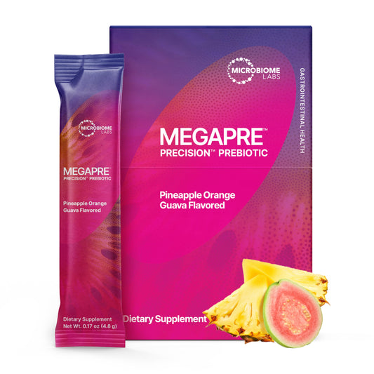 Microbiome Labs MegaPre Prebiotic Fiber Powder for Women, Men & Kids - Pre-Dosed Prebiotic Fiber Supplement Powder with Clinically Tested Oligosaccharides - Pineapple Orange Guava (30 Drink Packets)