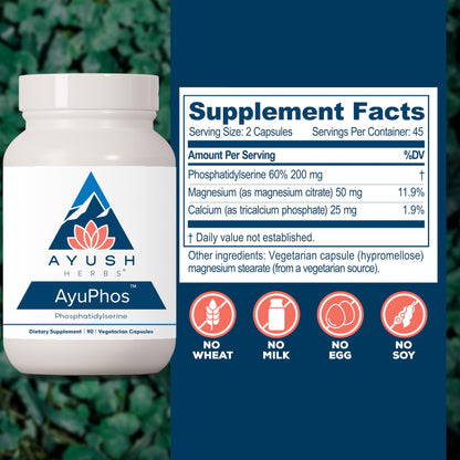 Ayush Herbs AyuPhos - Phosphatidylserine Supplement for Men & Women, Soy-Free Phosphatidyl Serine, Brain, Memory, & Cognitive Support for Adults, 200mg Per Pill - 90 Vegetarian Capsules (1 Count)