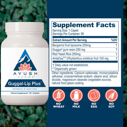 Ayush Herbs Guggal-Lip Plus - Metabolic Vitamins for Women & Men, Daily Pill, Pure & Natural Metabolic Health Supplement with Guggul - 90 Vegetarian Caplets (1 Count)