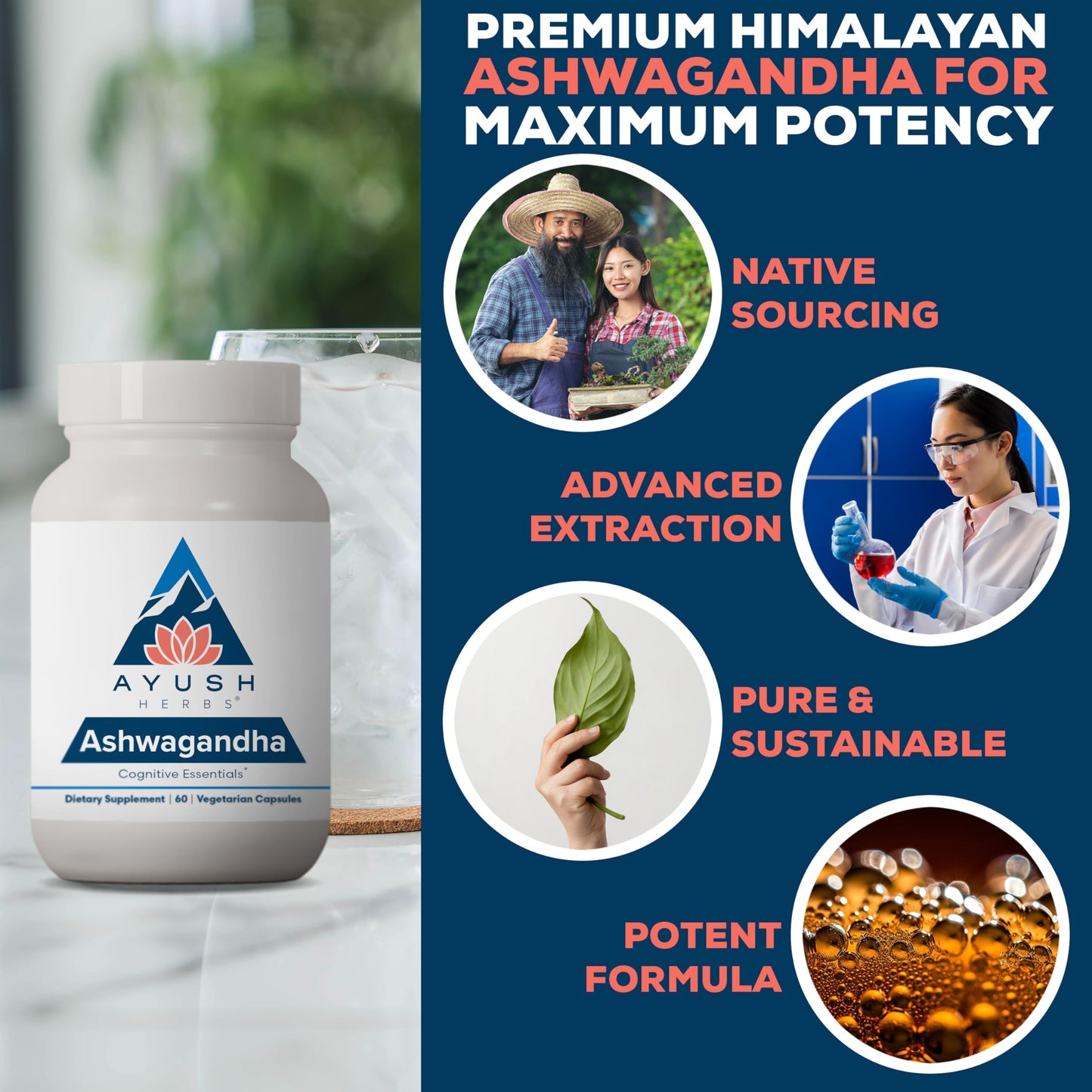 Ayush Herbs Ashwagandha Capsules - Ashwagandha for Men & Women, Ashwagandha Supplements, Pure Ashwagandha Root Powder for Stress, 500mg per Pill - 60 Vegetarian Caplets (1 Count)