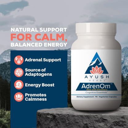 Ayush Herbs AdrenOm - Ayurvedic Adrenal and Stress-Support Supplement for Women & Men, Ashwagandha & Eleuthero to Support Adrenal Balance, Cognitive Function & Calm - 90 Vegetarian Capsules (1 Count)