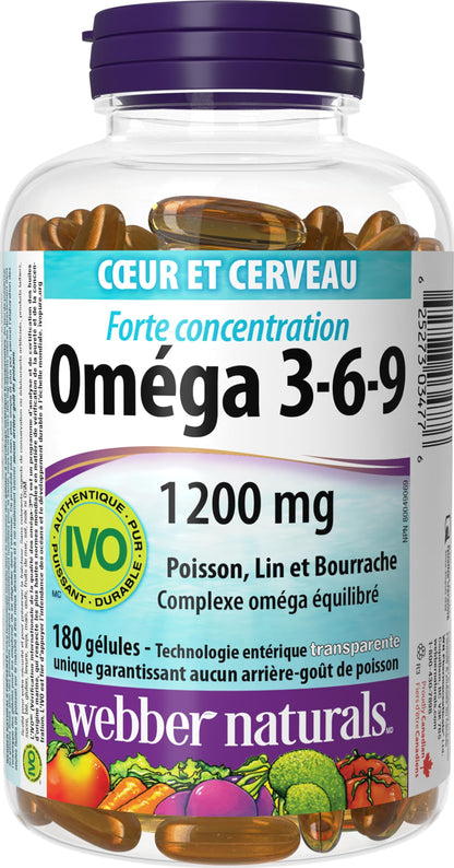Webber Naturals Omega 3-6-9 1200 mg Fish Oil, 180 Enteric Capsules