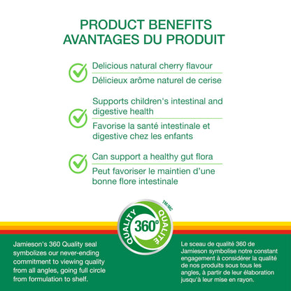 Jamieson Probiotic for Kids, 60 Chewable Tablets, 5 Billion CFU, Natural Cherry Flavour, Digestive and Intestinal Health. Non-GMO, No Artificial Colours, Flavours, or Preservatives, 60 Count