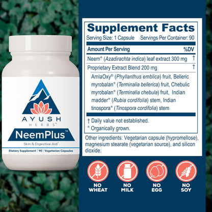 Ayush Herbs Neem Plus - Digestive Health for Women & Men, Gut Support Supplement for Stomach & Skin Health, Immune Support - 90 Vegetarian Capsules (1 Count)