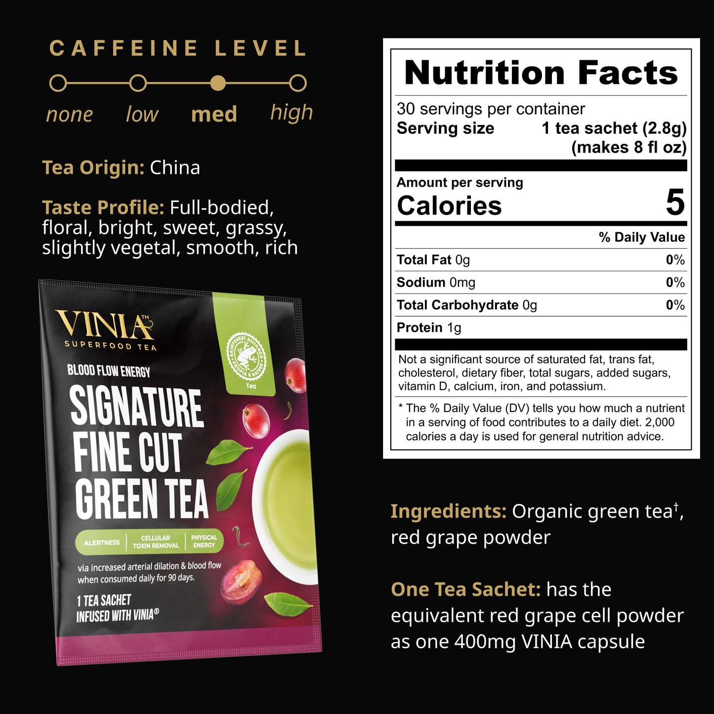 VINIA Signature Green Tea Bags, Made with Organic Green Tea, Infused with Piceid Resveratrol for Heart Health, Nitric Oxide, Physical Energy, Alertness, Blood Flow, Keto, Kosher, Non-GMO. (30)