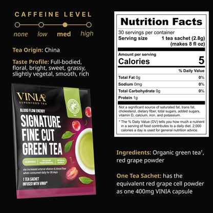 VINIA Signature Green Tea Bags, Made with Organic Green Tea, Infused with Piceid Resveratrol for Heart Health, Nitric Oxide, Physical Energy, Alertness, Blood Flow, Keto, Kosher, Non-GMO. (30)