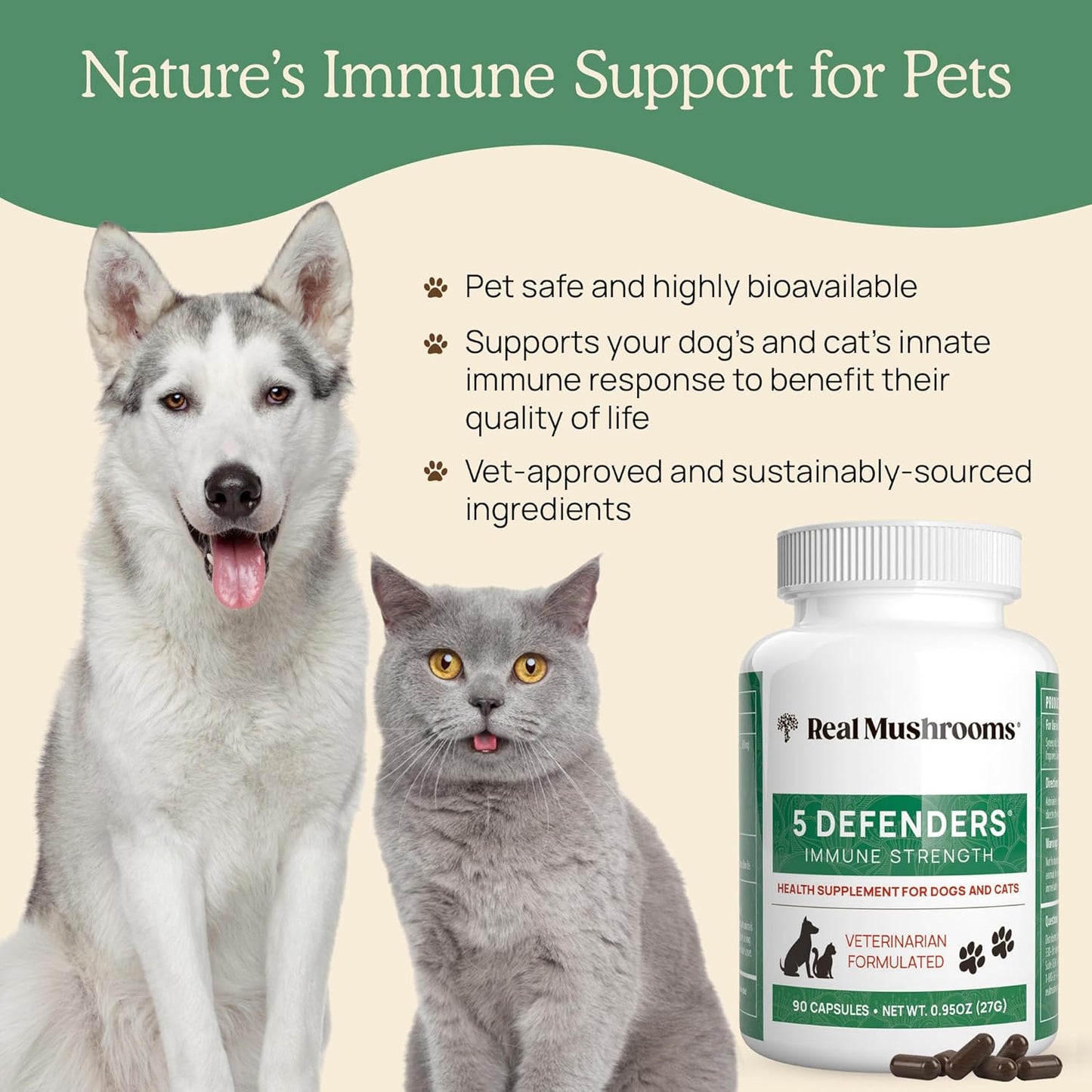 5 Defenders Mushroom Supplements for Cat Dog Vitamins Health Support with Chaga, Shiitake, Reishi Turkey Tail - Vet-Approved Powder Capsules 90ct