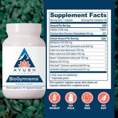 Ayush Herbs BioGymnema - Metabolic Vitamin & Herb Blend, Metabolic Health Supplement for Women & Men with Biotin, Berberine, Bitter Melon & Gymnema, Nutrient Support - 90 Vegetarian Capsules (1 Count)