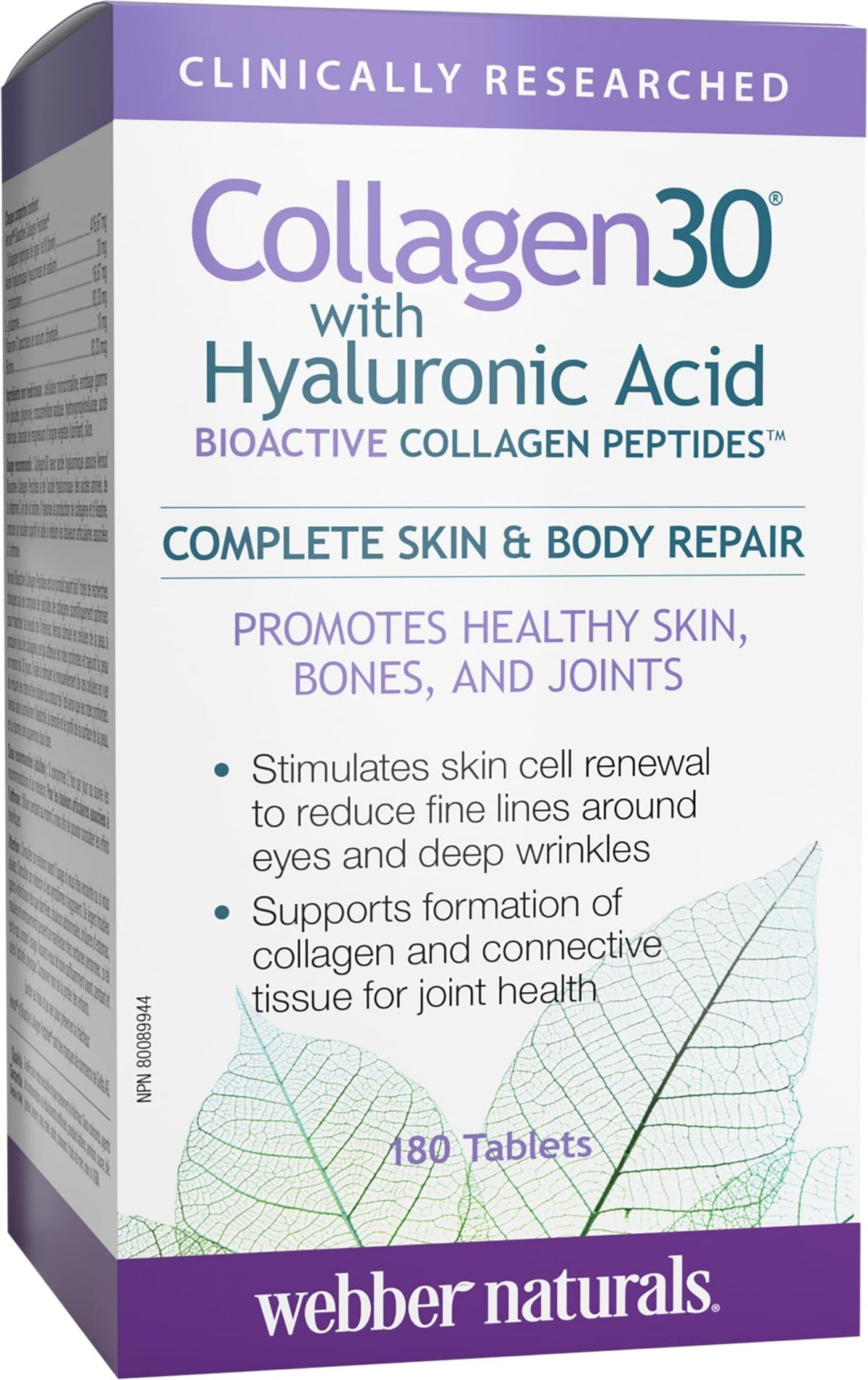 Webber Naturals Collagen30 with Hyaluronic Acid, Bioactive Collagen Peptides, 180 Tablets, Helps Reduce Joint Pain, Eye Wrinkles and Fine Facial Line