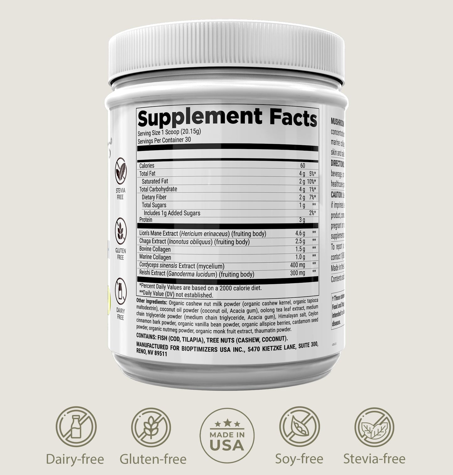 BIOptimizers Mushroom Coffee Alternative – Chai Drink – Lion’s Mane, Chaga, Reishi + Collagen Peptides for Focus, Energy & Gut Health – Adaptogenic Mushrooms & MCT Powder – 30 Servings