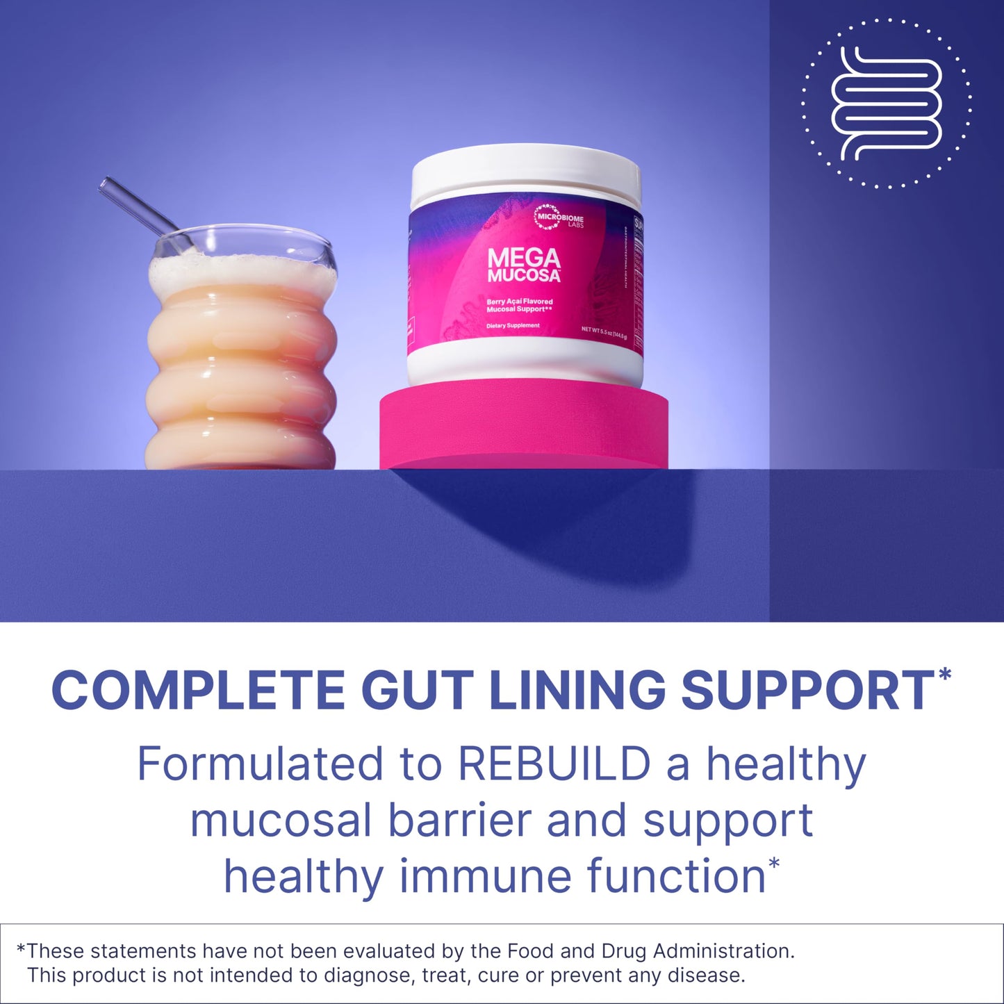 Microbiome Labs MegaMucosa Gut Health Powder - Digestive Supplement with Complete Mucosal Support for Healthy Gut & Immune Function - Dairy-Free Immunoglobulins & Amino Acids - Berry Acai (5.5 oz)