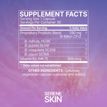 Microbiome Labs SereneSkin - Spore Based Probiotic Complex with Vitamin K2 MK7 for Skin Clarity & Gut Health Support - Daily Probiotic Skincare - Soothe The Gut-Skin Axis (30 Capsules)