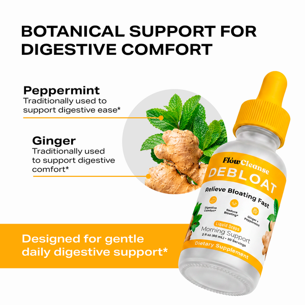 FlowCleanse DEBLOAT Liquid Drops 60ml – Fast Bloating Relief – Digestive Support Drops with Enzymes & Herbs – Feel Lighter in Minutes