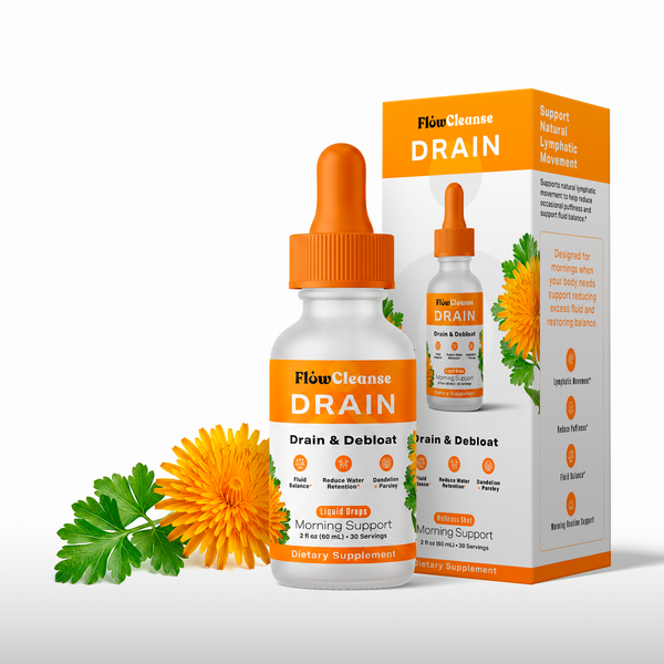 FlowCleanse DRAIN Liquid Drops 60ml – Drain & Debloat Formula – Lymphatic Support for Water Retention & Puffiness – Fast-Acting Daily Reset Drops