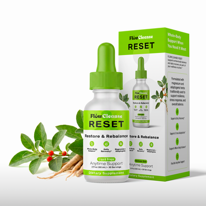 FlowCleanse RESET Gouttes Liquides 60ml – Formule de Réinitialisation Corporelle Complète – Soutien au Stress, à l'Énergie et à l'Équilibre – Gouttes de Rééquilibrage Quotidien