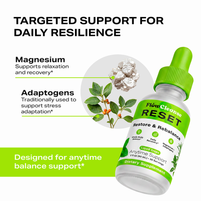 FlowCleanse RESET Gouttes Liquides 60ml – Formule de Réinitialisation Corporelle Complète – Soutien au Stress, à l'Énergie et à l'Équilibre – Gouttes de Rééquilibrage Quotidien