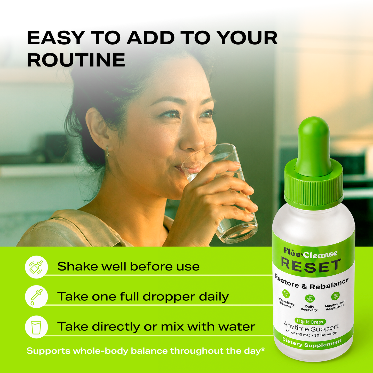 FlowCleanse RESET Gouttes Liquides 60ml – Formule de Réinitialisation Corporelle Complète – Soutien au Stress, à l'Énergie et à l'Équilibre – Gouttes de Rééquilibrage Quotidien