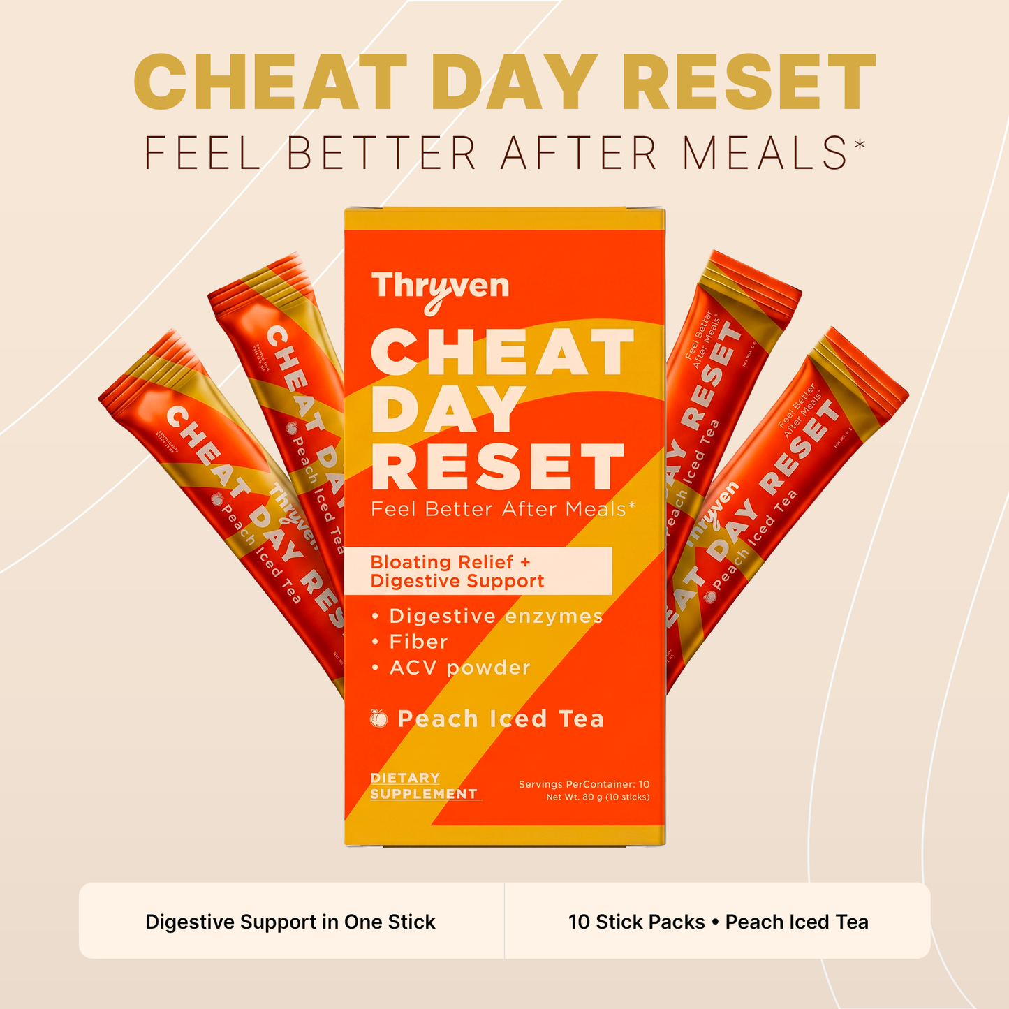 Thryven Cheat Day Reset — Bloating Relief + Digestive Support Powder with ACV, Digestive Enzymes & Ginger* | Feel Better After Meals | Peach Iced Tea | 10 Stick Packs