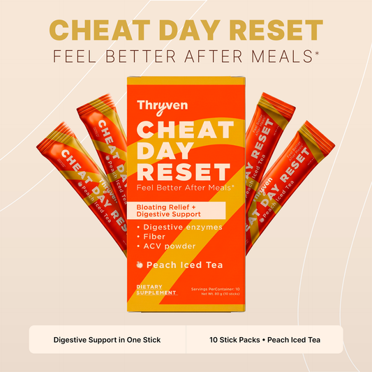 Thryven Cheat Day Reset — Bloating Relief + Digestive Support Powder with ACV, Digestive Enzymes & Ginger* | Feel Better After Meals | Peach Iced Tea | 10 Stick Packs