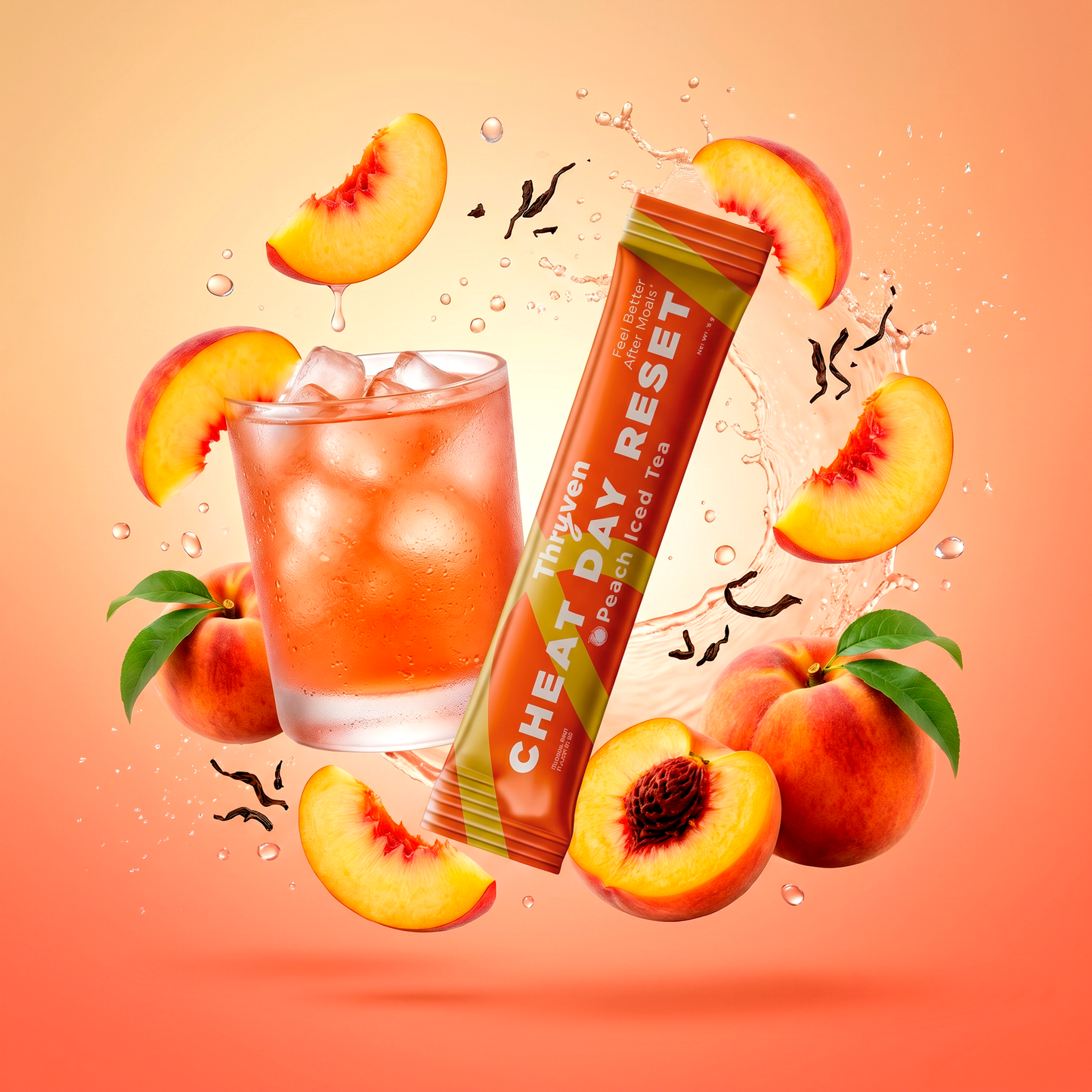 Thryven Cheat Day Reset — Bloating Relief + Digestive Support Powder with ACV, Digestive Enzymes & Ginger* | Feel Better After Meals | Peach Iced Tea | 10 Stick Packs