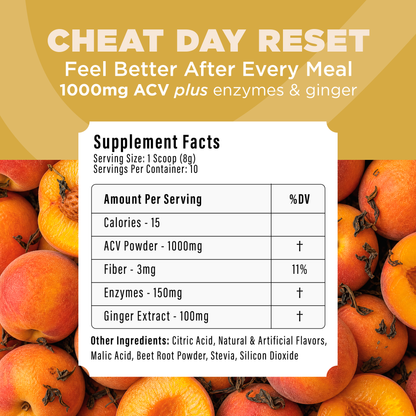 Thryven Cheat Day Reset — Bloating Relief + Digestive Support Powder with ACV, Digestive Enzymes & Ginger* | Feel Better After Meals | Peach Iced Tea | 10 Stick Packs