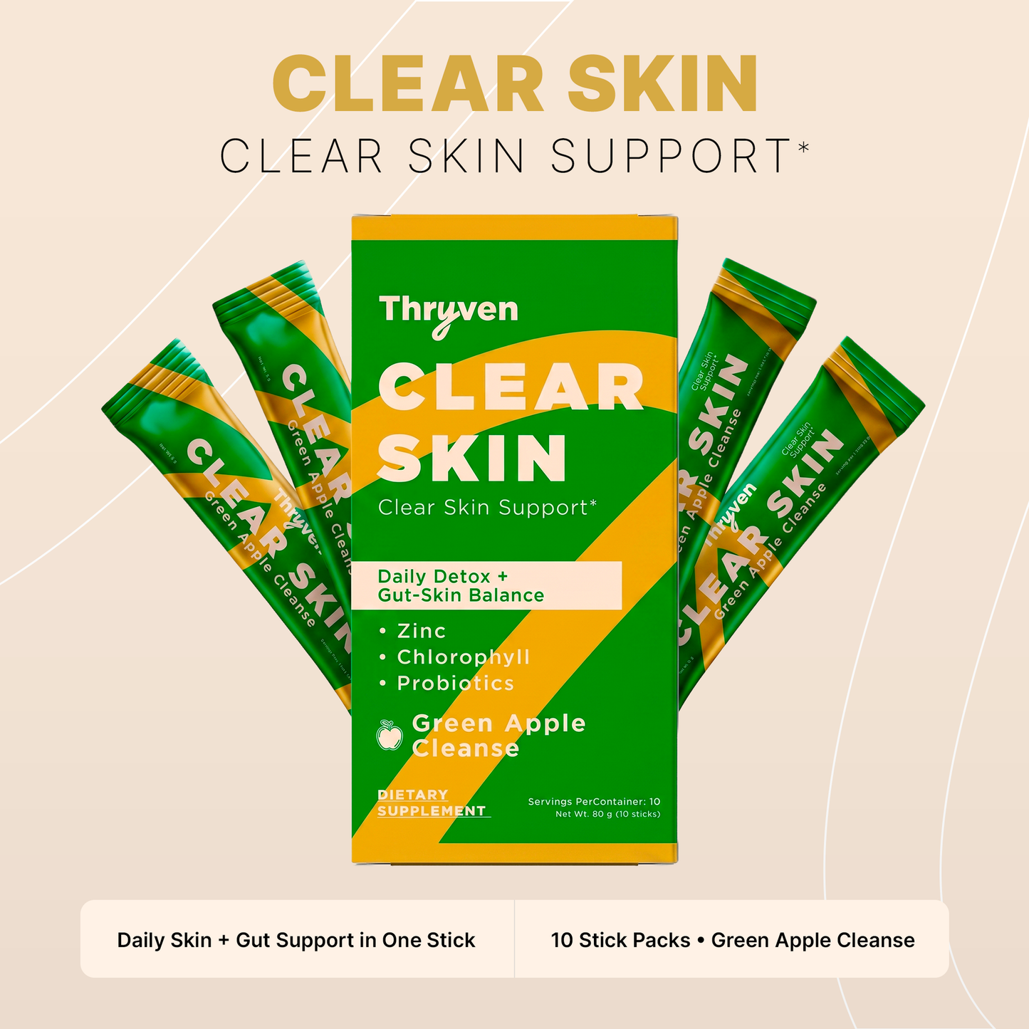 Thryven Clear Skin — Skin Support Drink Mix with Zinc, Chlorophyll, Greens & Probiotics* | Daily Detox + Gut-Skin Balance | Green Apple Cleanse | 10 Stick Packs