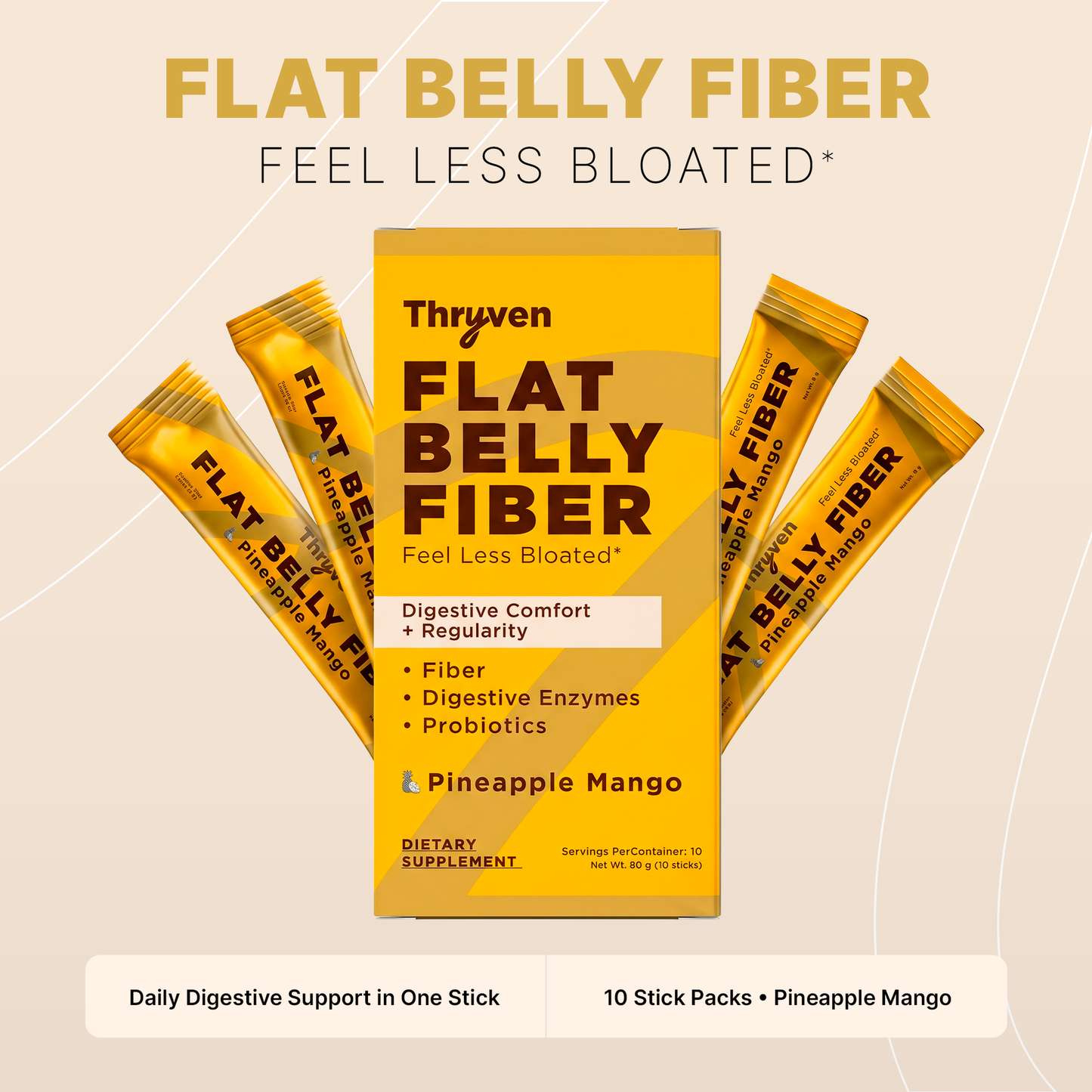 Thryven Flat Belly Fiber — Daily Fiber Powder with Prebiotics, Digestive Enzymes & Probiotics* | Feel Less Bloated | Digestive Comfort + Regularity | Pineapple Mango | 10 Stick Packs