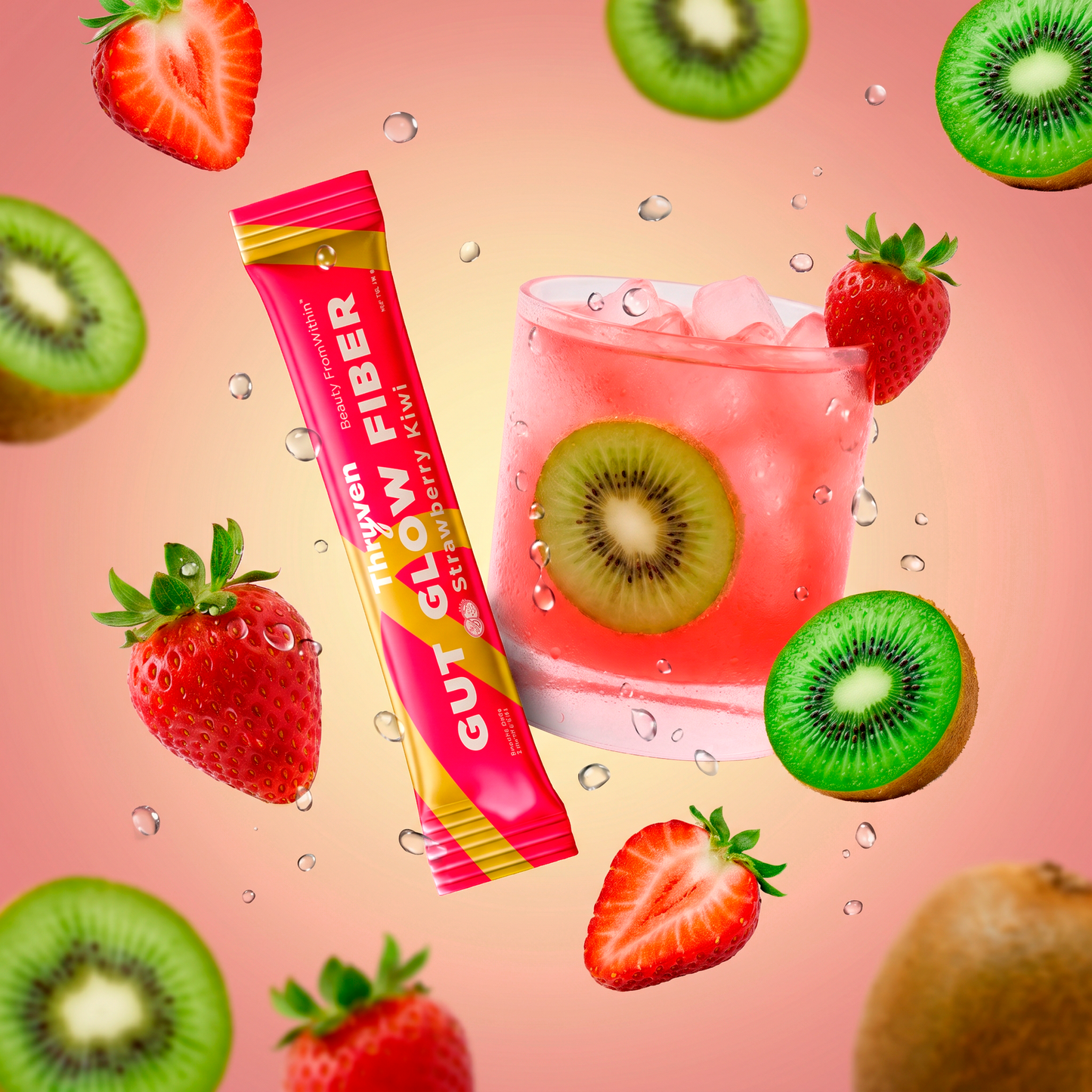 Thryven Gut Glow Fiber — Prebiotic Fiber + Collagen Powder with Vitamin C* | Beauty From Within | Gut + Beauty Support in One Stick | Strawberry Kiwi | 10 Stick Packs