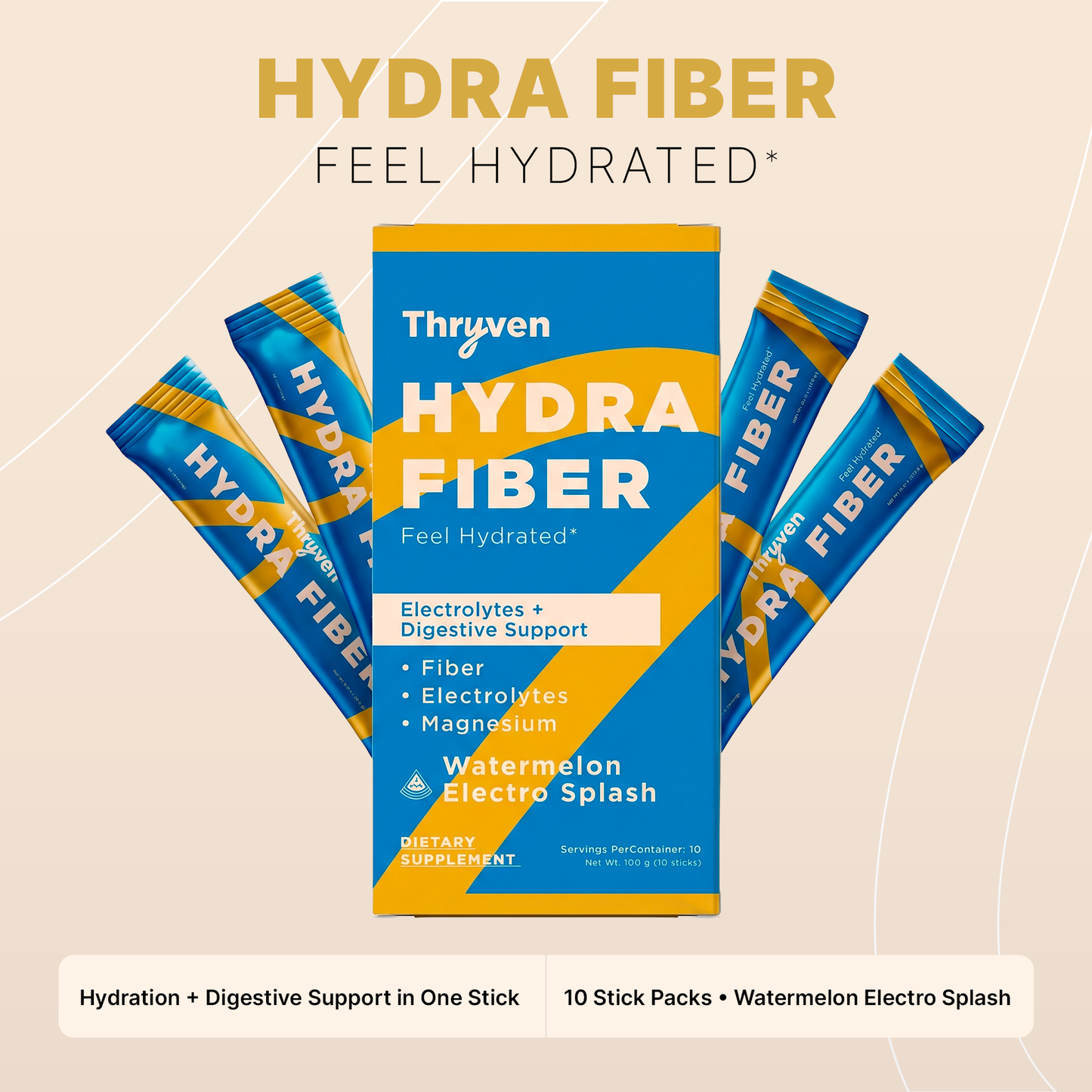 Thryven Hydra Fiber — Electrolyte + Fiber Hydration Powder with Magnesium, Sodium & Potassium* | Feel Hydrated | Electrolytes + Digestive Support | Watermelon Electro Splash | 10 Stick Packs