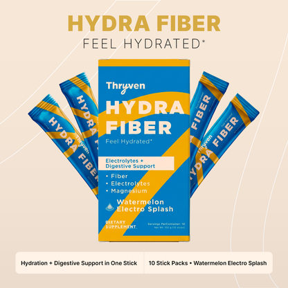 Thryven Hydra Fiber — Electrolyte + Fiber Hydration Powder with Magnesium, Sodium & Potassium* | Feel Hydrated | Electrolytes + Digestive Support | Watermelon Electro Splash | 10 Stick Packs