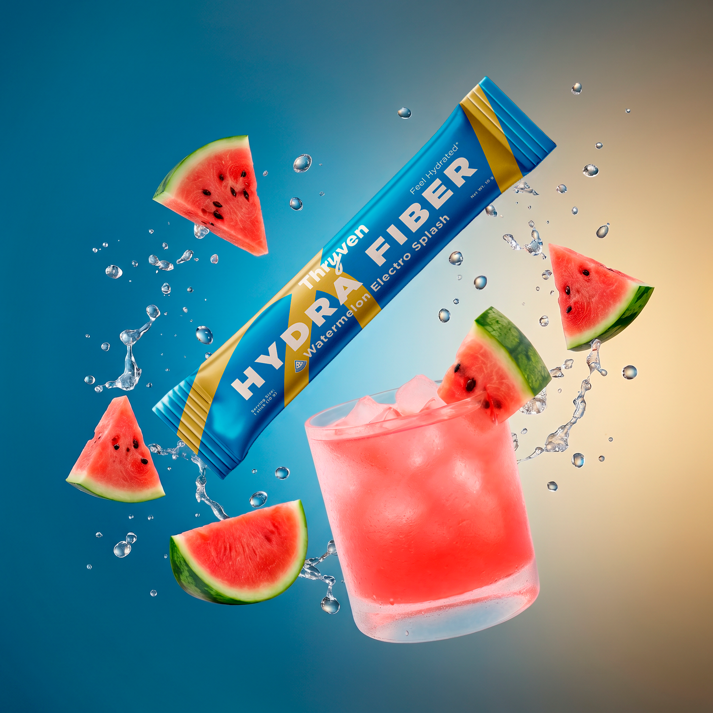 Thryven Hydra Fiber — Electrolyte + Fiber Hydration Powder with Magnesium, Sodium & Potassium* | Feel Hydrated | Electrolytes + Digestive Support | Watermelon Electro Splash | 10 Stick Packs
