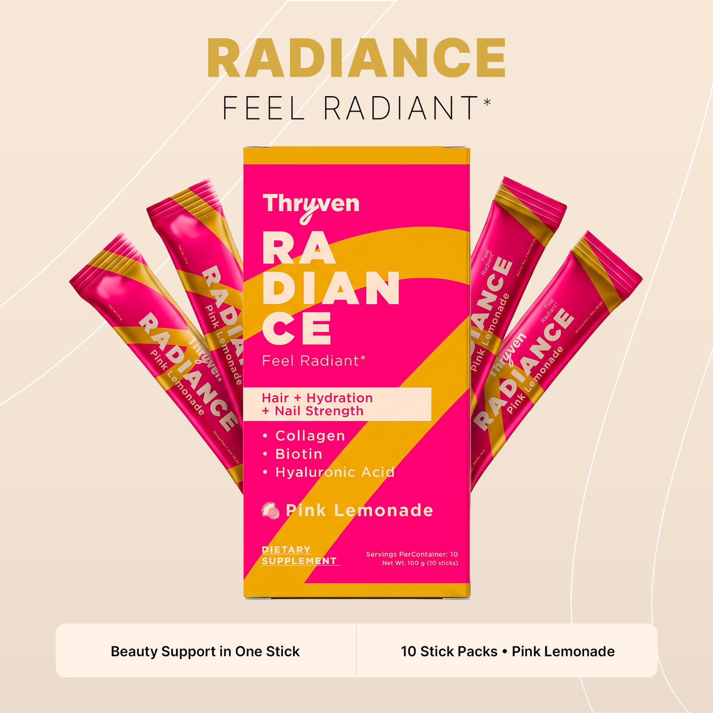 Thryven Radiance — Beauty Collagen Powder with Biotin, Hyaluronic Acid & Vitamin C* | Feel Radiant | Hair + Nail Strength + Hydration | Pink Lemonade | 10 Stick Packs