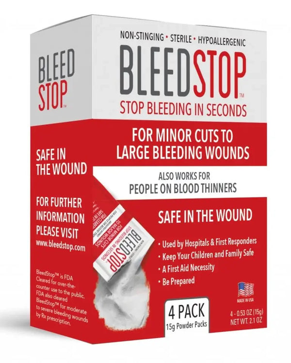BleedStop™ First Aid Powder for Blood Clotting, Trauma Kit, Blood Thinner Patients, Camping Safety, and Survival Equipment for Moderate to Severe Bleeding Wounds or Nosebleeds - 4 (15g) Pouches