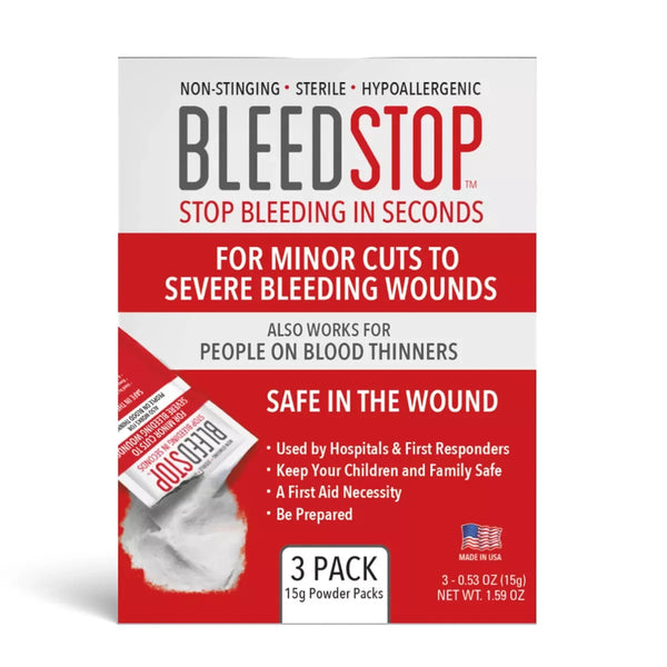 BleedStop™ First Aid Powder for Blood Clotting, Trauma Kit, Blood Thinner Patients, Camping Safety, and Survival Equipment for Moderate to Severe Bleeding Wounds or Nosebleeds - 4 (15g) Pouches