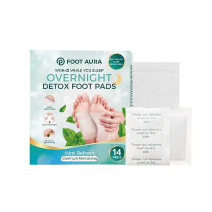 Patchs plantaires FootAura pour la nuit – Soulagement rafraîchissant pour les pieds fatigués – Infusés à la menthe – Rafraîchissent, revitalisent et dynamisent pendant la nuit – 14 unités
