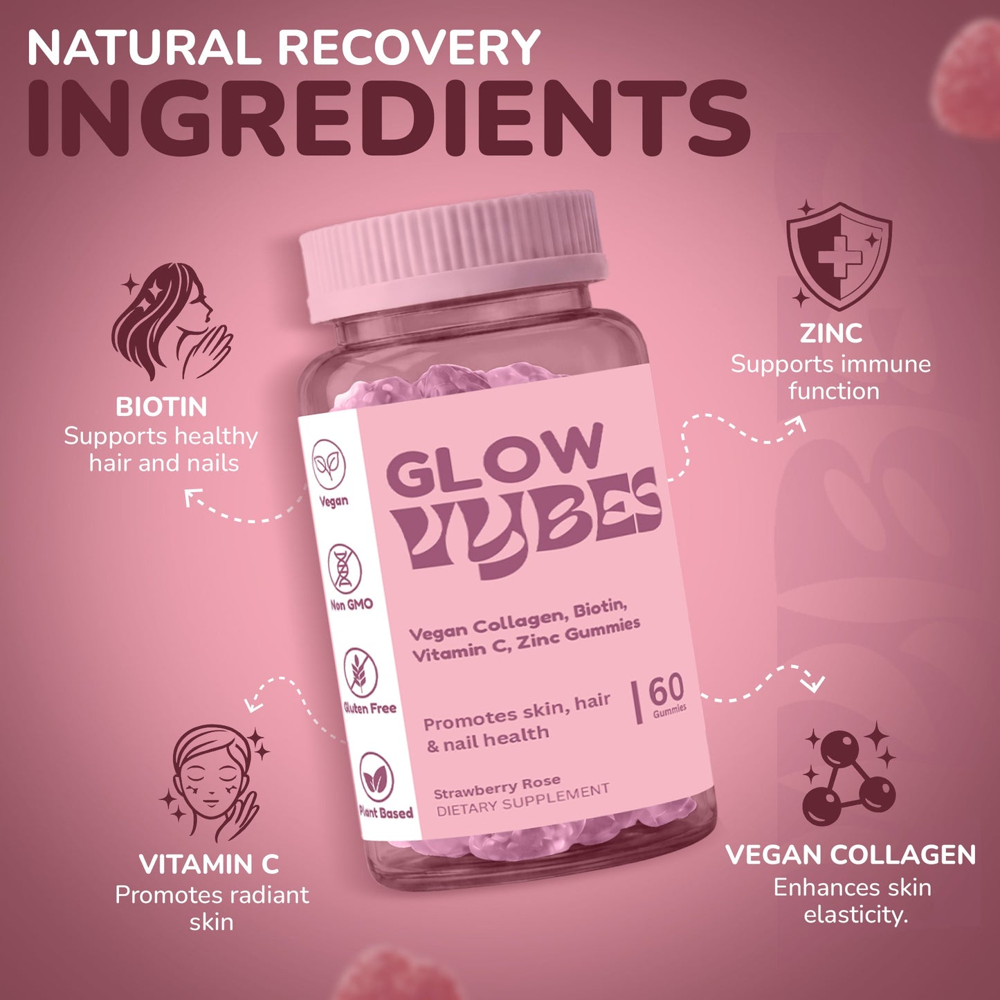 Vybes Glow Beauty Gummies – Skin, Hair & Nails Support with Biotin – 60 Gummies