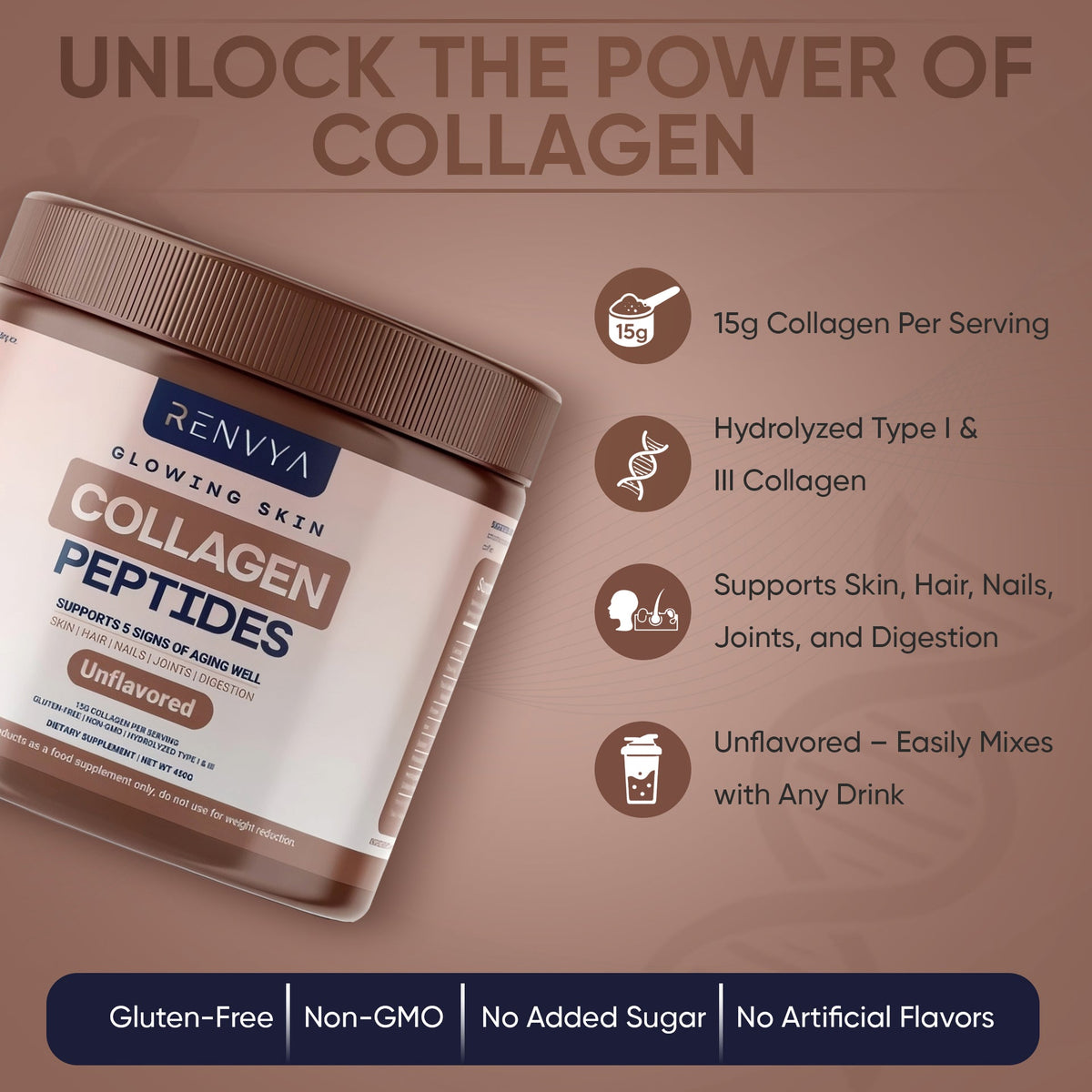 Renvya Poudre de Peptides de Collagène – Collagène Hydrolysé Types I & III pour la Peau, les Cheveux, les Ongles et les Articulations, Sans Arôme, Sans OGM, Sans Gluten