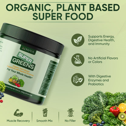 Poudre de Super Greens Renvya – Superaliment Vert Biologique avec Enzymes Digestives, Probiotiques et Fibres pour la Santé Intestinale, l'Énergie et la Nutrition Quotidienne
