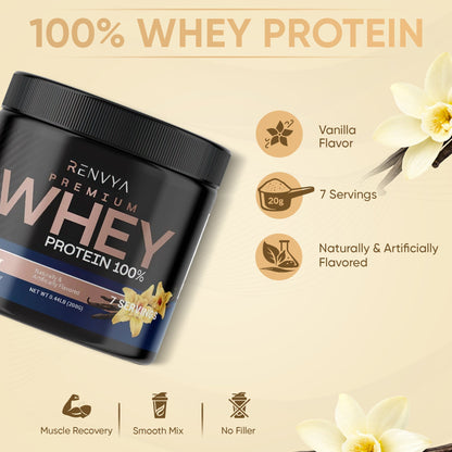 Renvya Whey Protein Poudre 100% – Shake protéiné Vanille Premium pour la croissance musculaire, la récupération et le maintien de la masse musculaire maigre, Protéine à absorption rapide