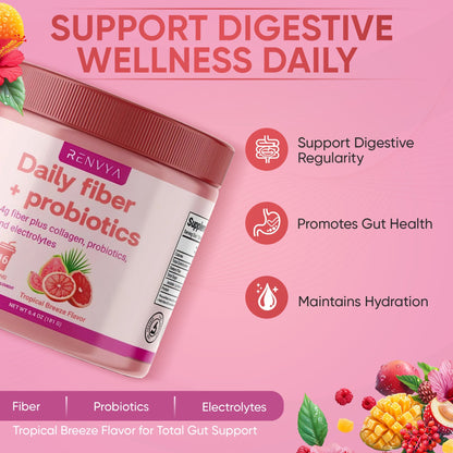 Renvya Poudre quotidienne de fibres + probiotiques – Mélange pour la santé digestive avec collagène, électrolytes et prébiotiques pour la santé intestinale, les ballonnements et la régularité