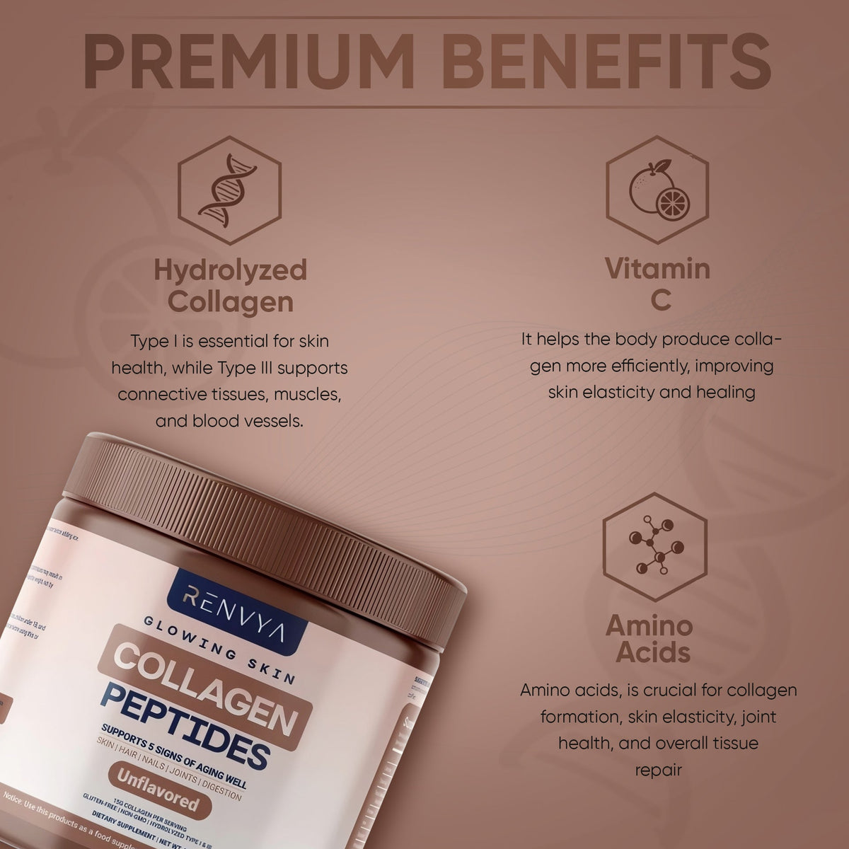 Renvya Poudre de Peptides de Collagène – Collagène Hydrolysé Types I & III pour la Peau, les Cheveux, les Ongles et les Articulations, Sans Arôme, Sans OGM, Sans Gluten