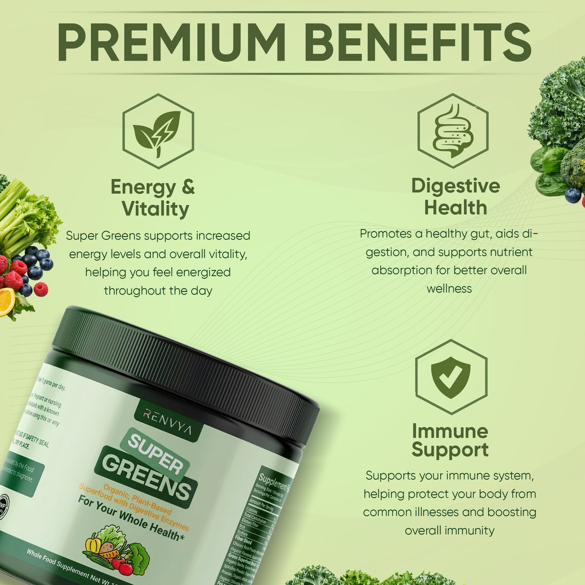 Poudre de Super Greens Renvya – Superaliment Vert Biologique avec Enzymes Digestives, Probiotiques et Fibres pour la Santé Intestinale, l'Énergie et la Nutrition Quotidienne