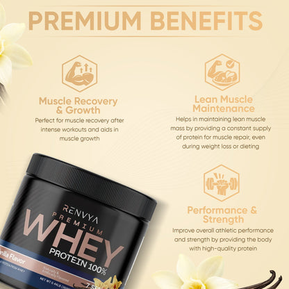 Renvya Whey Protein Poudre 100% – Shake protéiné Vanille Premium pour la croissance musculaire, la récupération et le maintien de la masse musculaire maigre, Protéine à absorption rapide