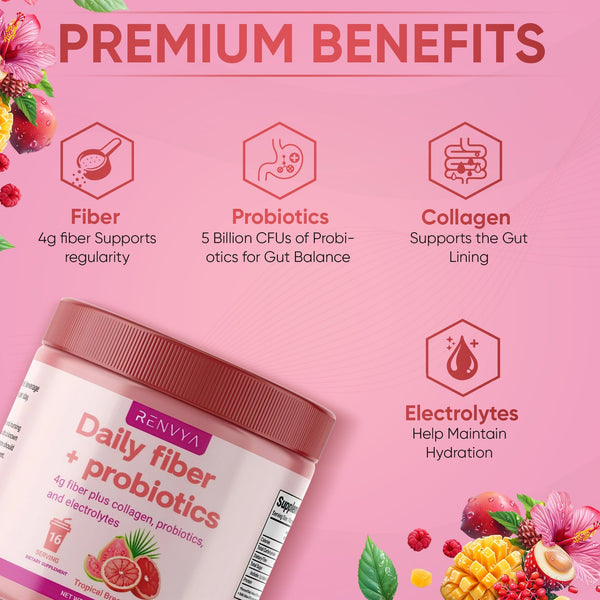 Renvya Daily Fiber + Probiotics Powder – Digestive Health Blend with Collagen, Electrolytes & Prebiotics for Gut Health, Bloating & Regularity