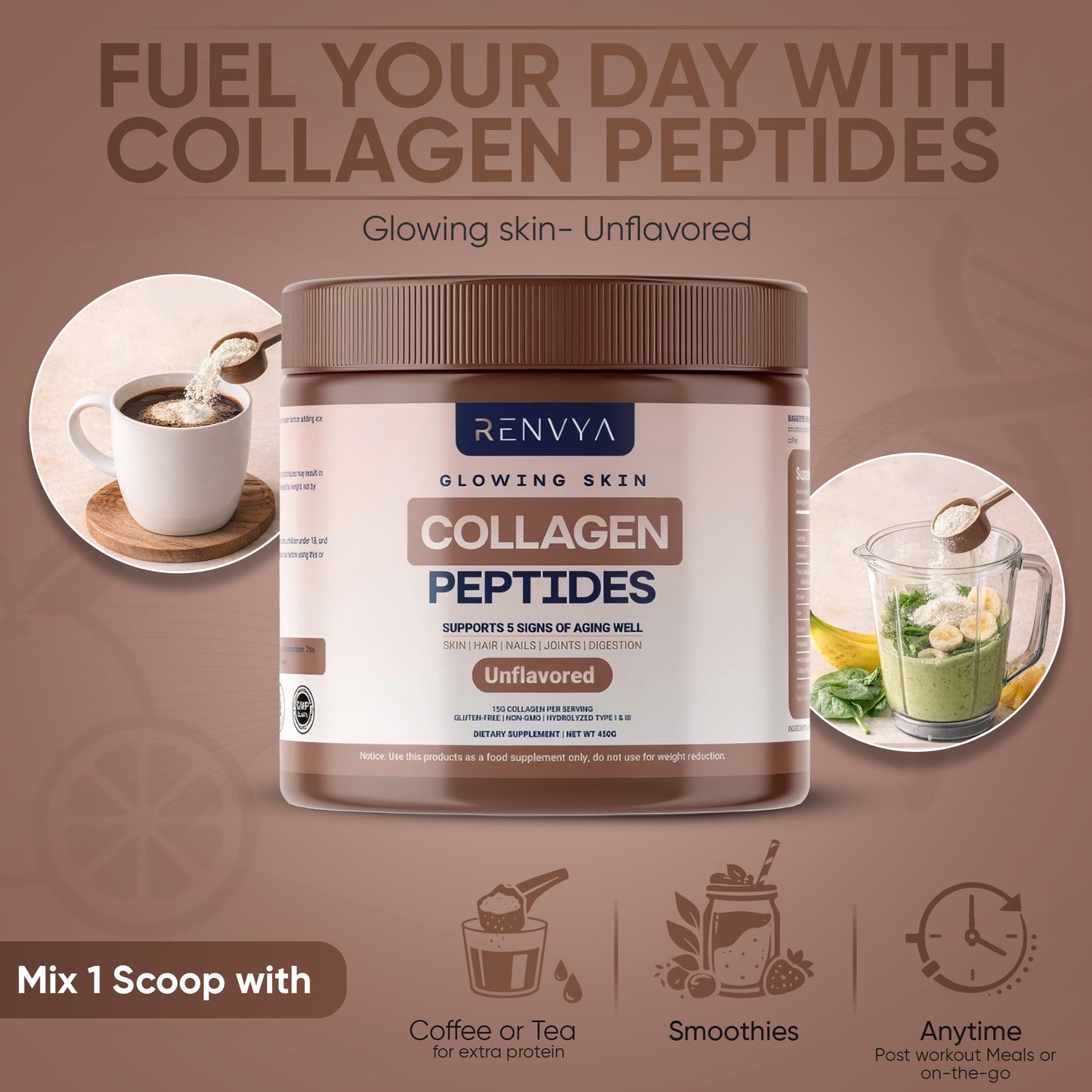 Renvya Poudre de Peptides de Collagène – Collagène Hydrolysé Types I & III pour la Peau, les Cheveux, les Ongles et les Articulations, Sans Arôme, Sans OGM, Sans Gluten