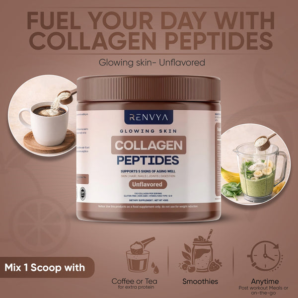 Renvya Collagen Peptides Powder – Hydrolyzed Collagen Types I & III for Skin, Hair, Nails & Joints, Unflavored, Non-GMO, Gluten-Free