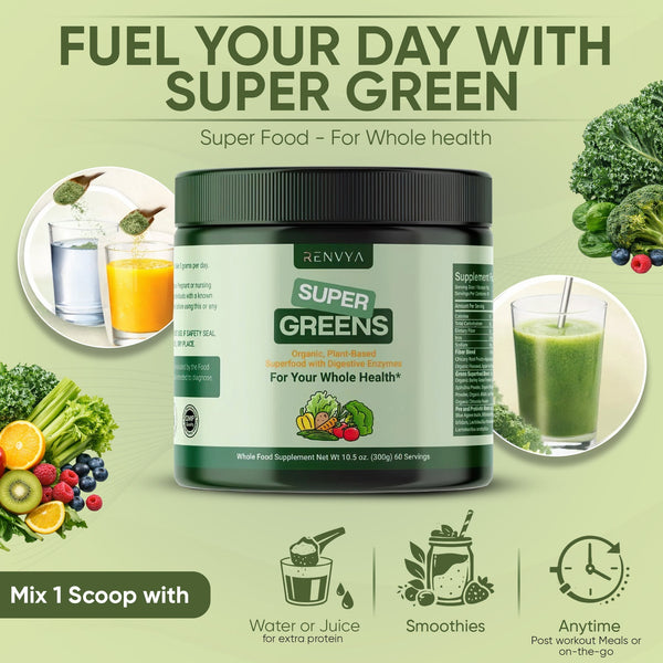 Renvya Super Greens Powder – Organic Greens Superfood with Digestive Enzymes, Probiotics & Fiber for Gut Health, Energy & Daily Nutrition