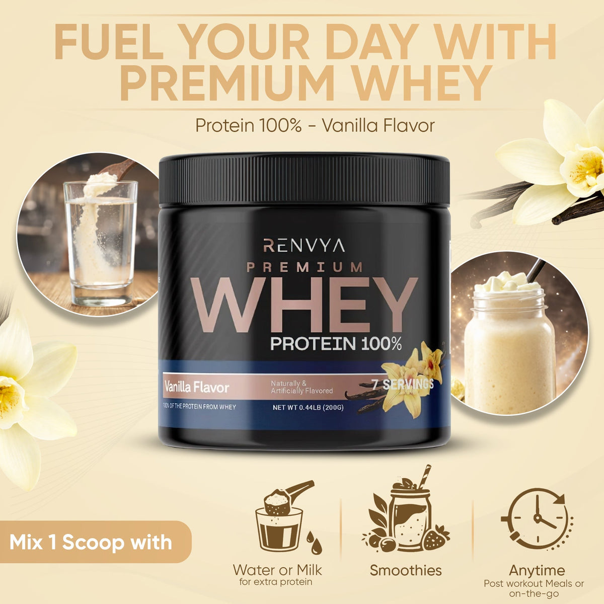 Renvya Whey Protein Poudre 100% – Shake protéiné Vanille Premium pour la croissance musculaire, la récupération et le maintien de la masse musculaire maigre, Protéine à absorption rapide