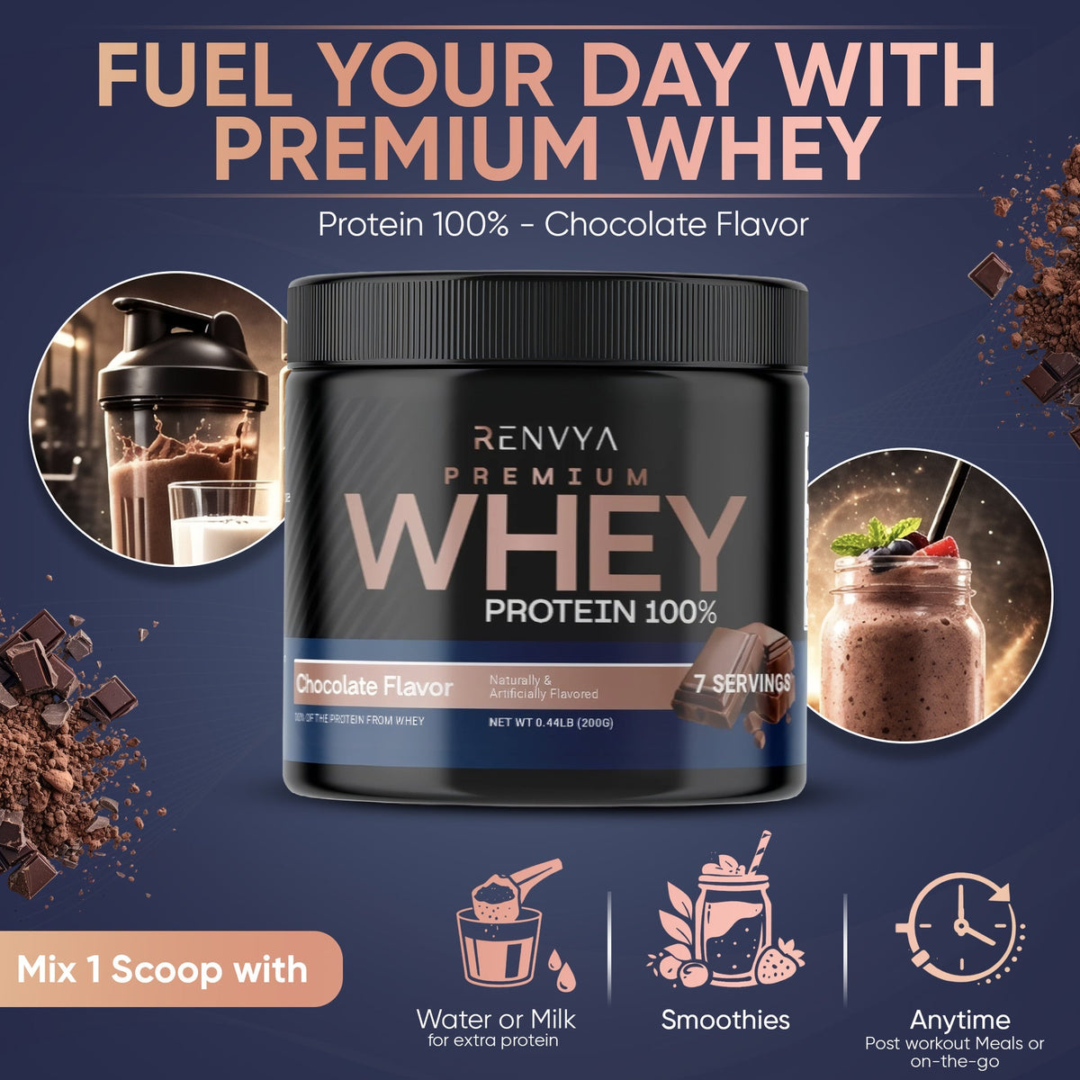 Renvya Whey Protein en Poudre 100% Chocolat – Shake Protéiné Premium pour la Croissance Musculaire, la Récupération et le Soutien des Muscles Maigres, Absorption Rapide