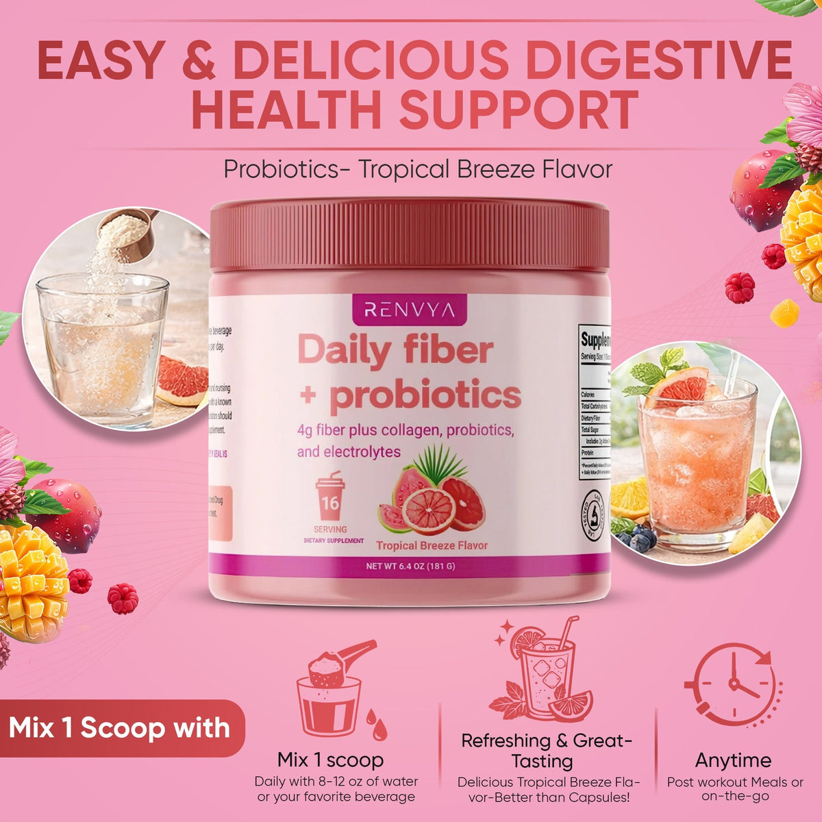 Renvya Poudre quotidienne de fibres + probiotiques – Mélange pour la santé digestive avec collagène, électrolytes et prébiotiques pour la santé intestinale, les ballonnements et la régularité